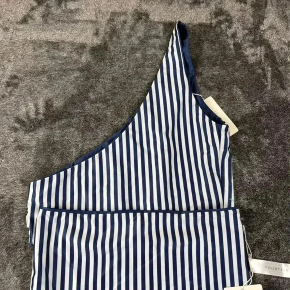 Striped One-Shoulder Navy & White Women's Swimsuit - Picture 2 of 13